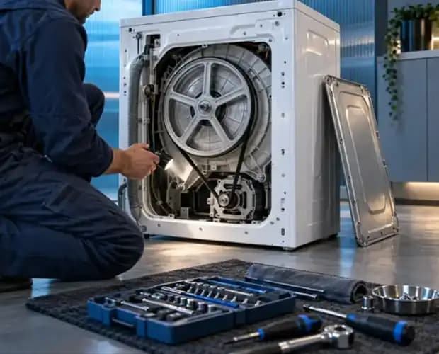 Çamaşır makinesinin arka bölümünde teknik servis kontrolü